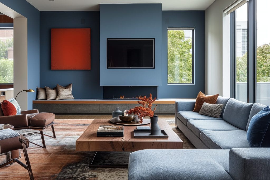 Bold blue paint colors in a living room by Decorilla