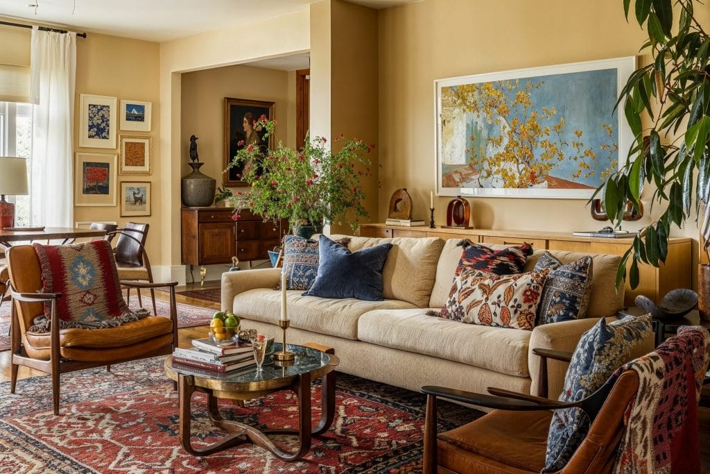 Bold paint colors in an eclectic living room by Decorilla