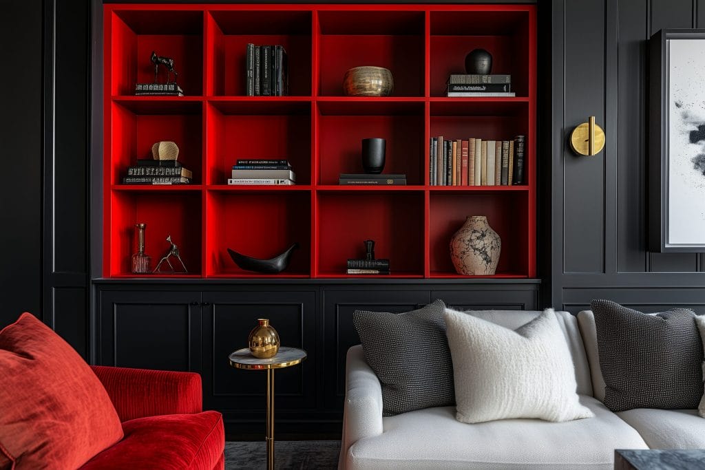 Bold paint colors of a built-in shelving in a living room by Decorilla