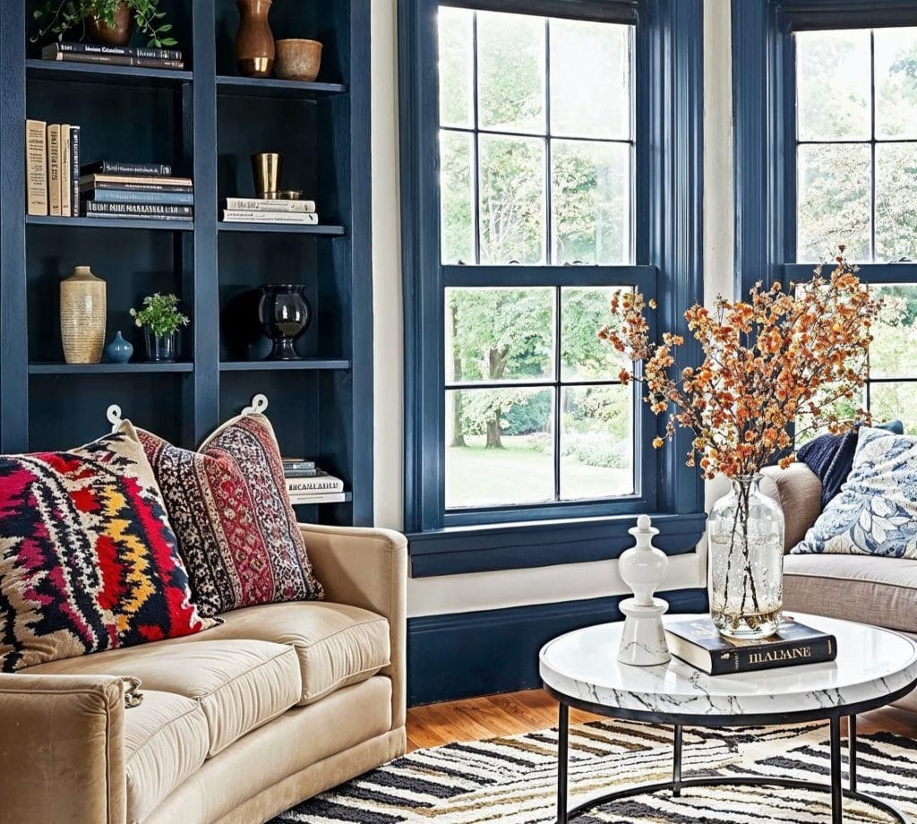 Bold paint colors on trims and build-ins in a living room by Decorilla