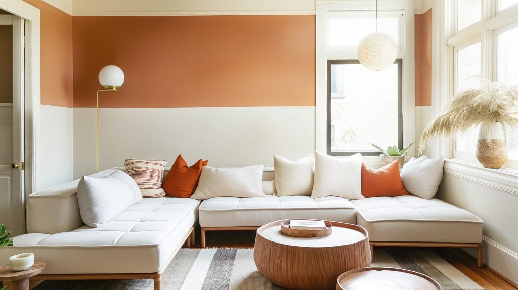 Color blocking with bold paint colors in a living room by Decorilla
