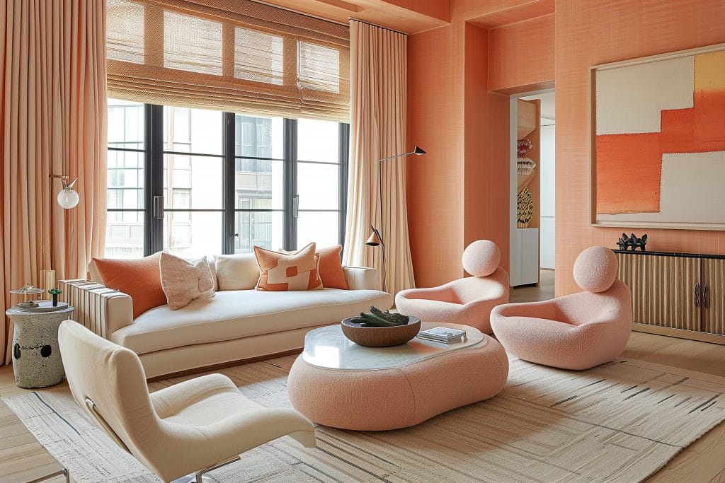 Monochrome bold paint colors in a living room by Decorilla