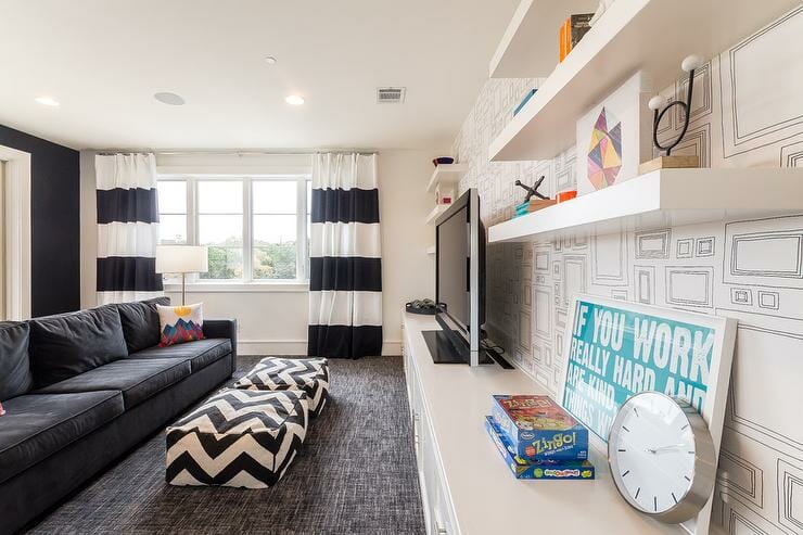 black-and-white-kid-friendly-living-room-striped-drapes-frames-wallpaper