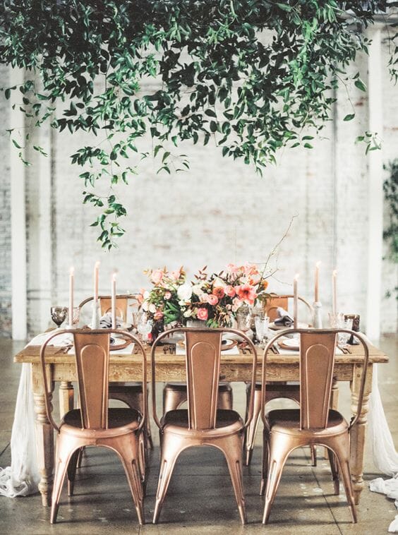 blush pink and copper patio table decor