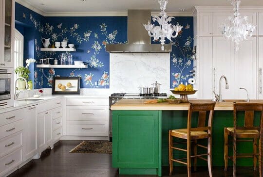 wallpapered backsplash kitchen design