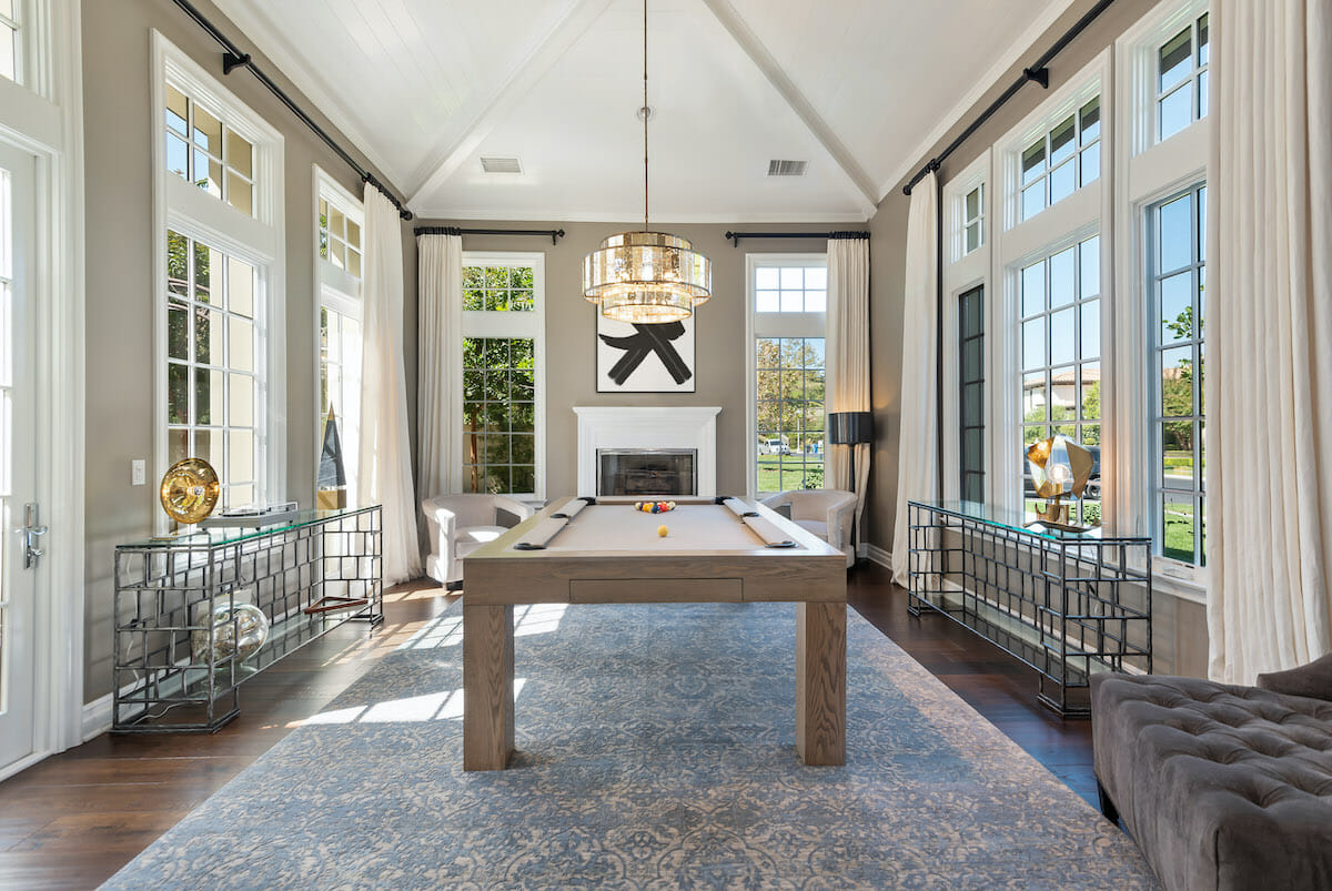 Transitional game room by Decorilla interior design company, designer Lori D.