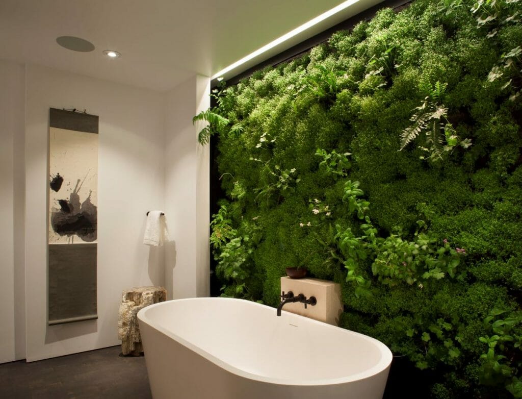 how to incorporate nature into your home- living wall in bathroom