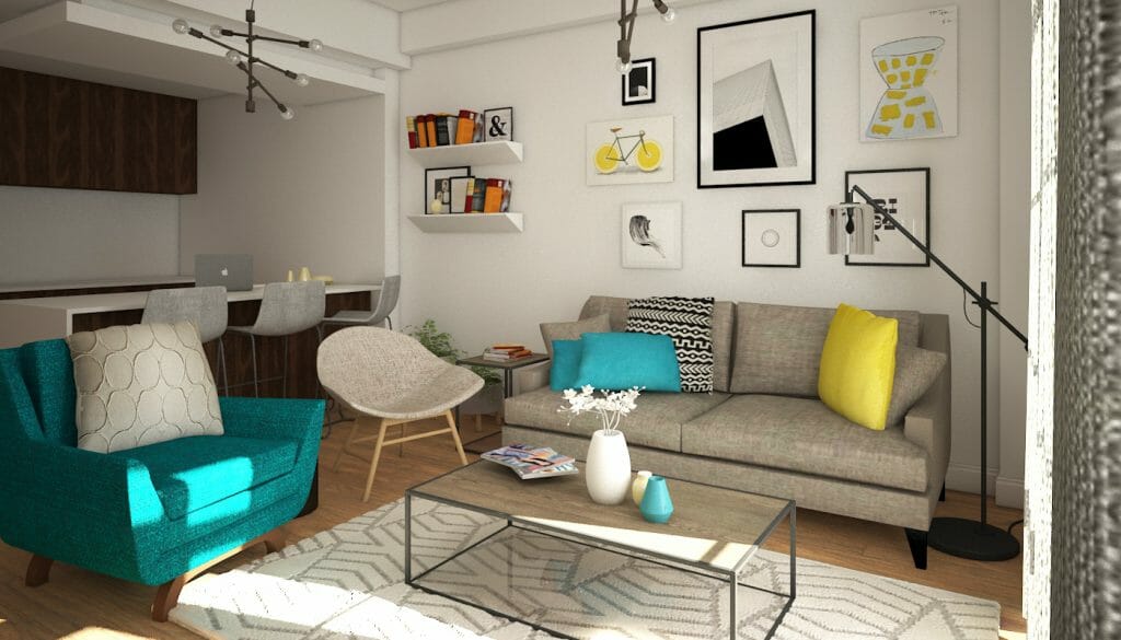 Before & After: Playful Modern Online Living Room Design - Decorilla Online Interior Design