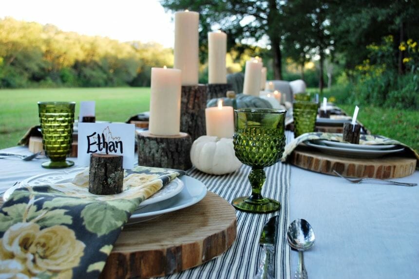 fall table decoration wood rounds centerpiece