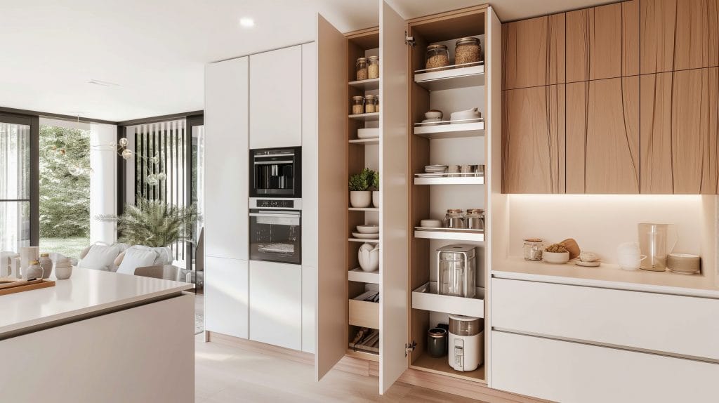 Appliance garage and an organized pantry in the kitchen—home organization ideas by Decorilla