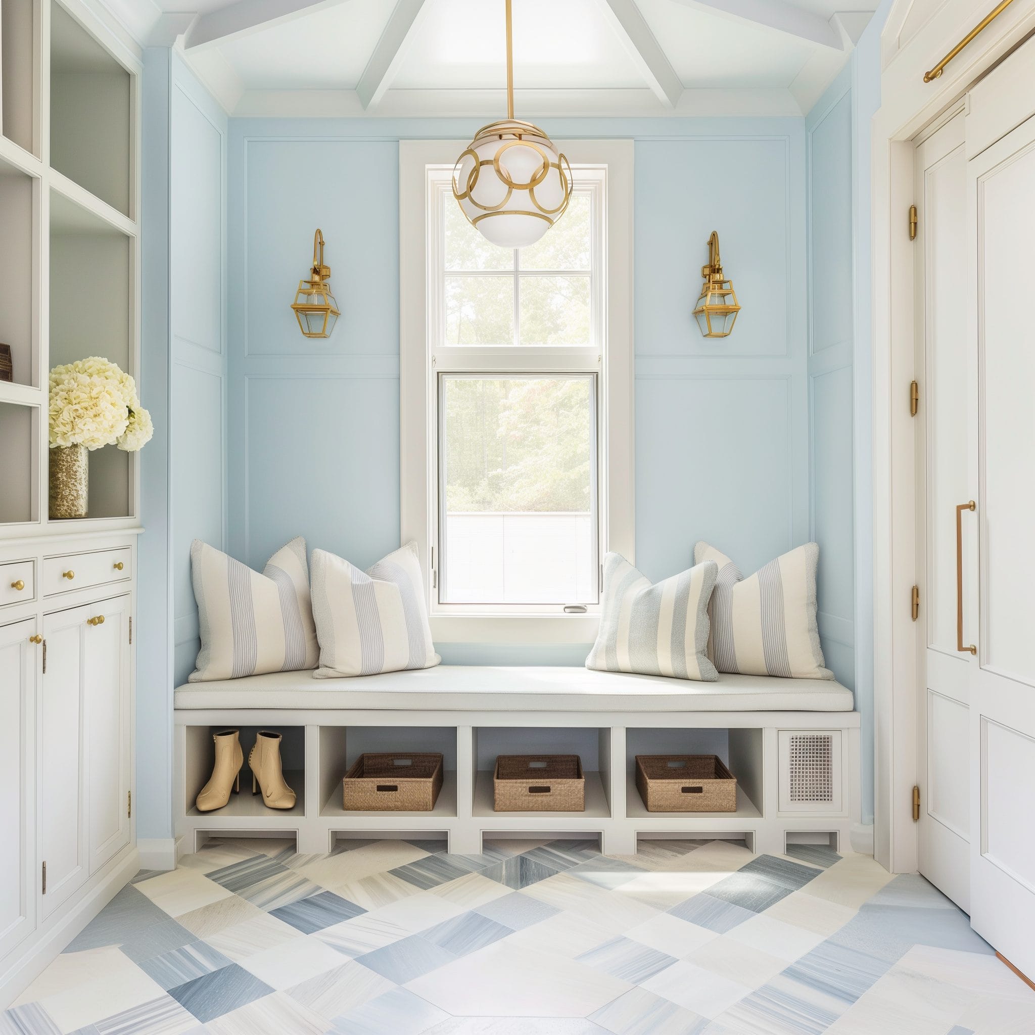 How to organize your home with baskets and trays—a mudroom by Decorilla