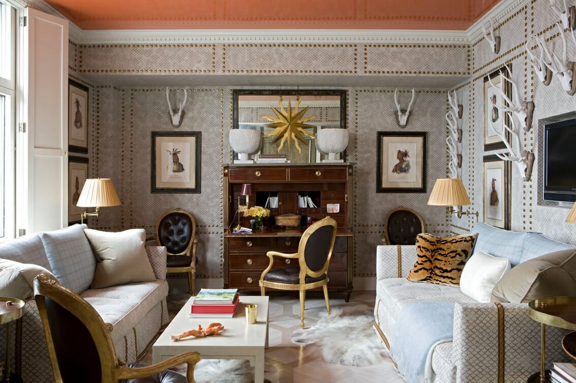 orange lacquer painted ceiling decoration in a living room