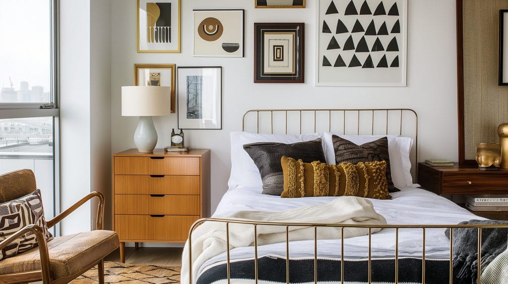 Bedroom essentials in a mid-century modern bedroom by Decorilla