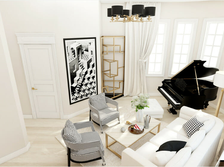 Black and white living room decor with gold accents