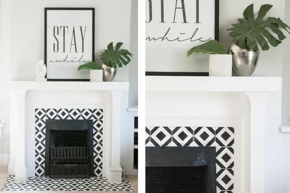 black and white living room decor fireplace