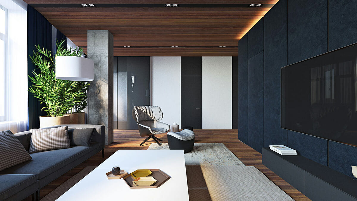 Contemporary-Interior-Design-Living-Room-with-Smart-Television-and-Navy-Walls