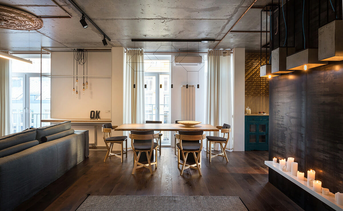 Contemporary-Interior-Design-Open-Living-and-Dining-area-with Concrete-Lighting