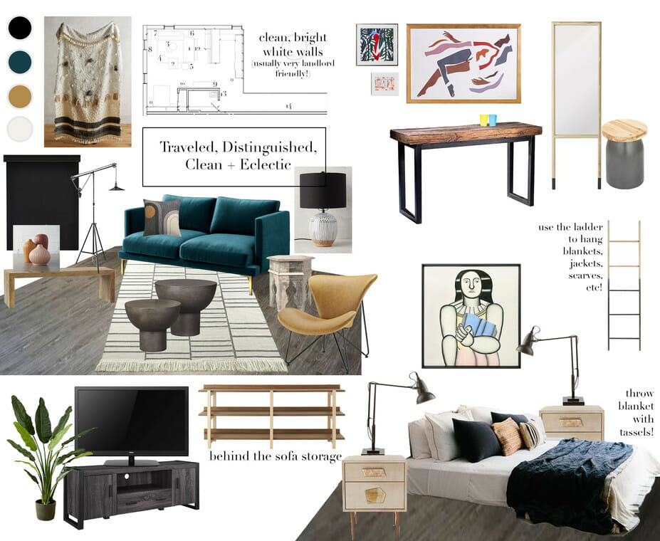 eclectic interior design moodboard for online studio apartment design