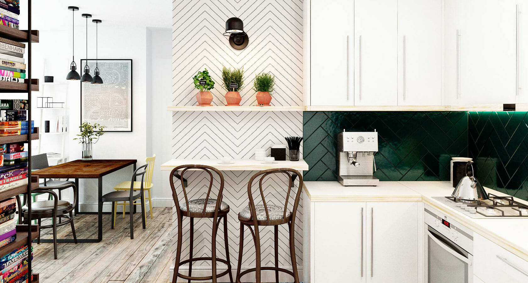 moden farmhouse Margaryta S. heringbone kitchen backsplash