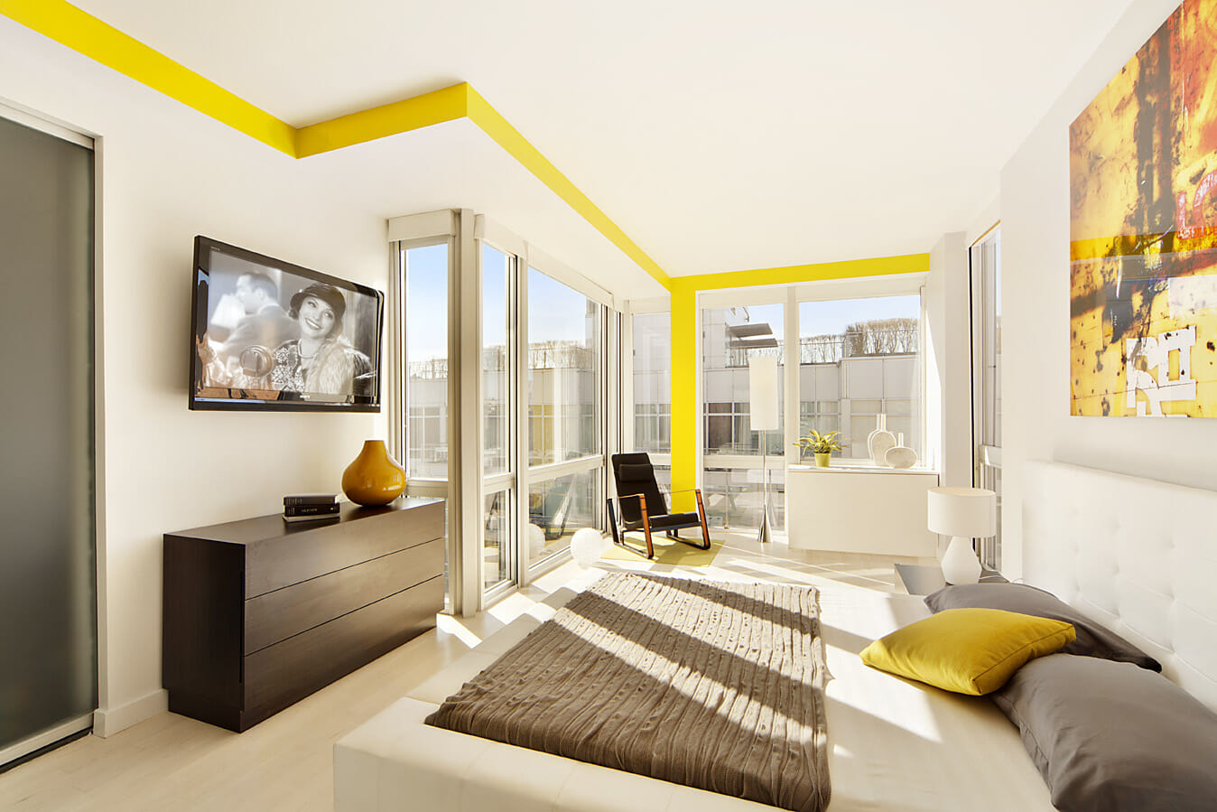 modern interior design with yellow and red