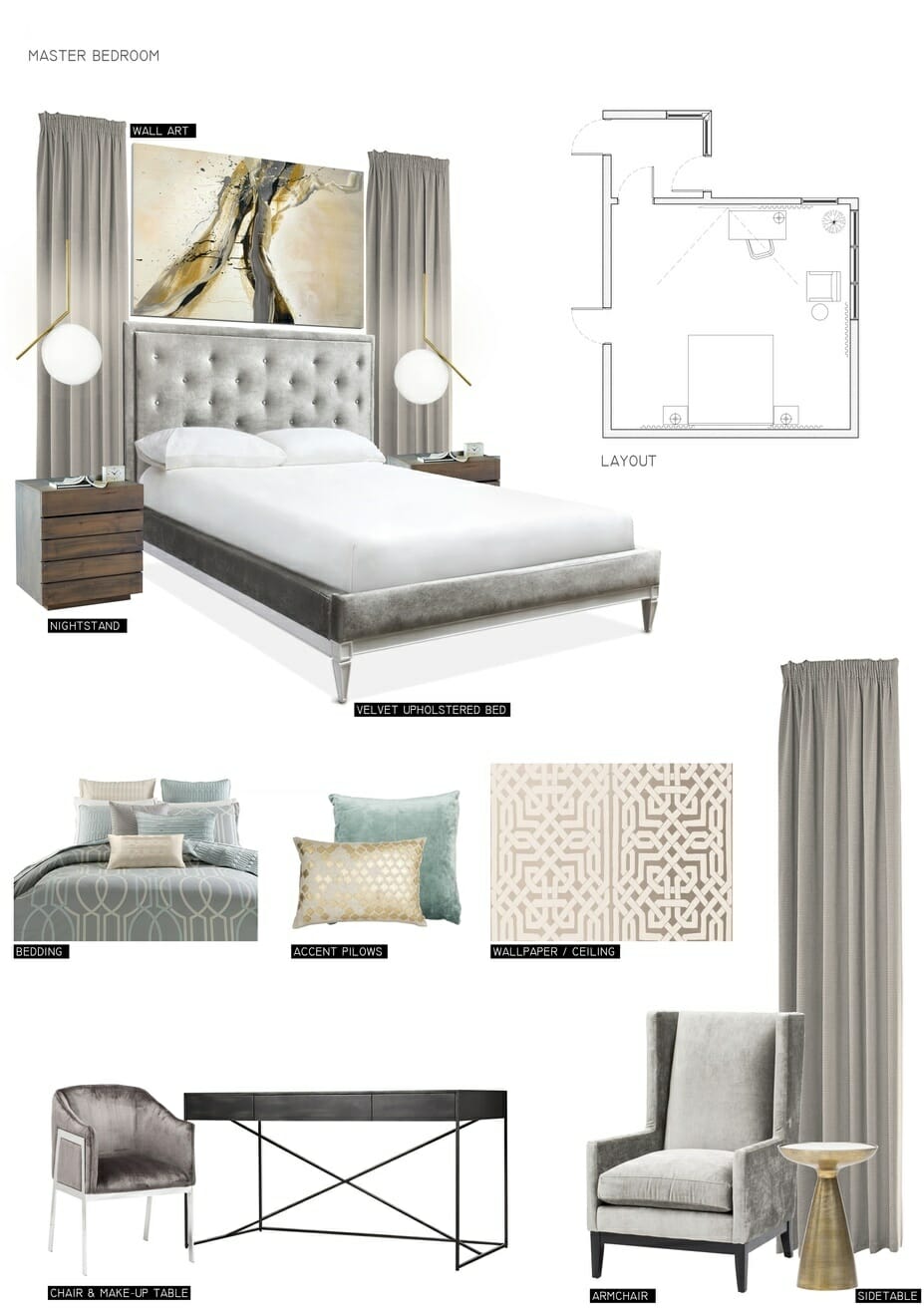 romantic bedroom online design by Decorilla designer Miaden C. - mood board