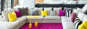 modern living room bright colors pink and yellow
