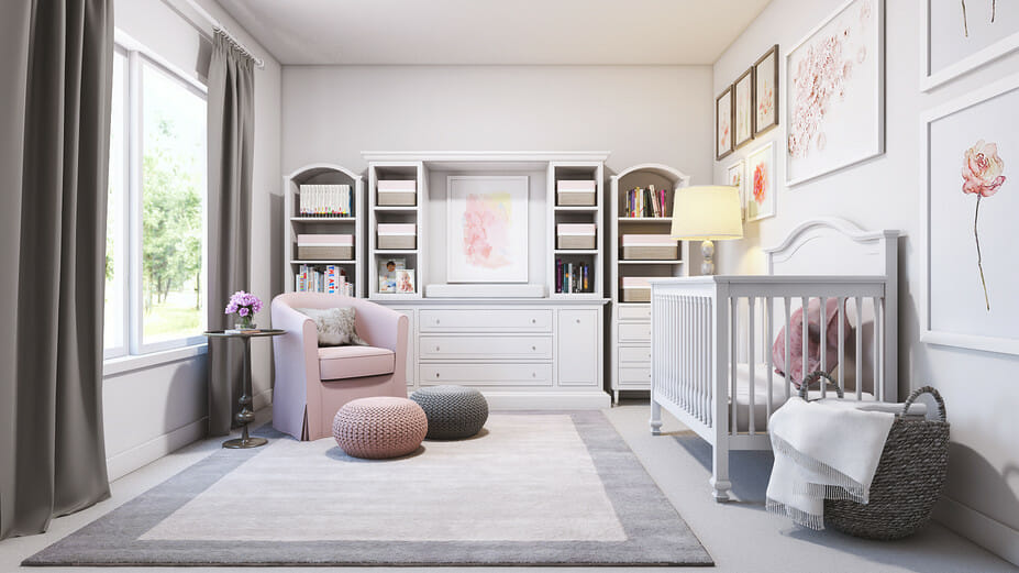 contemporary nursery interior design with gray and pink accents