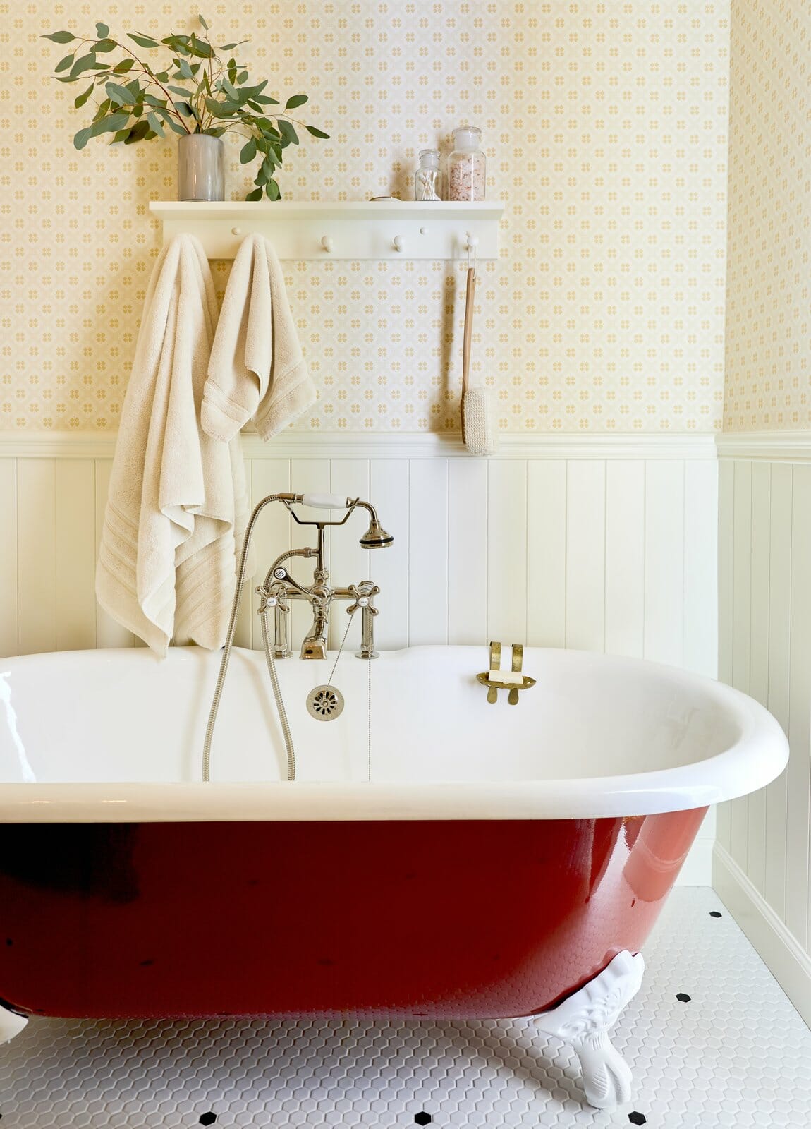 shabby chic bathroom with orange standalone bath