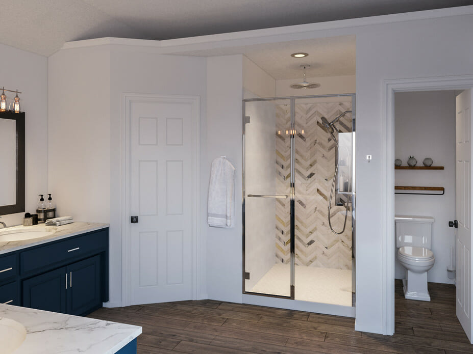 luxury master bathroom with chevron feature wall