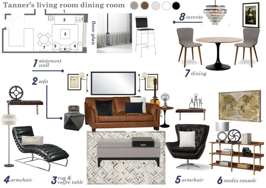 stylish bachelor pad living room design moodboard