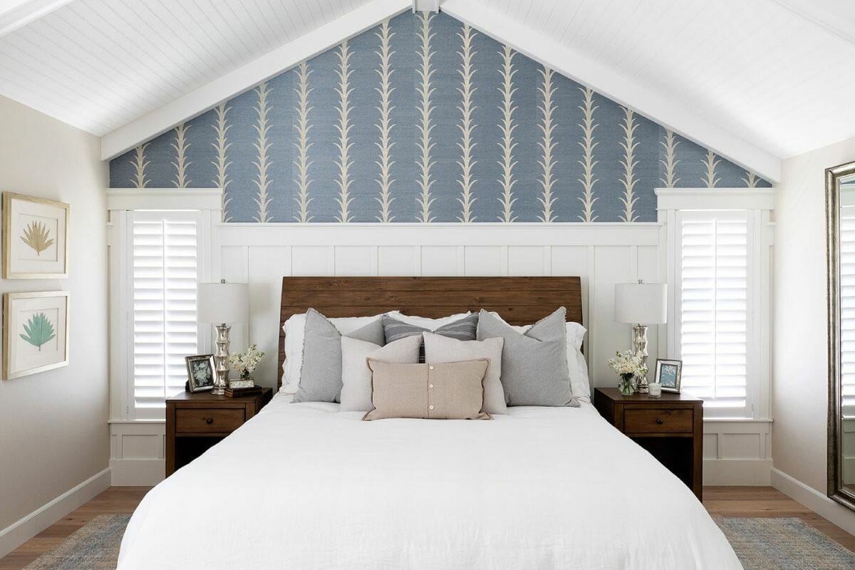 Coastal and transitional bedroom created with interior design help