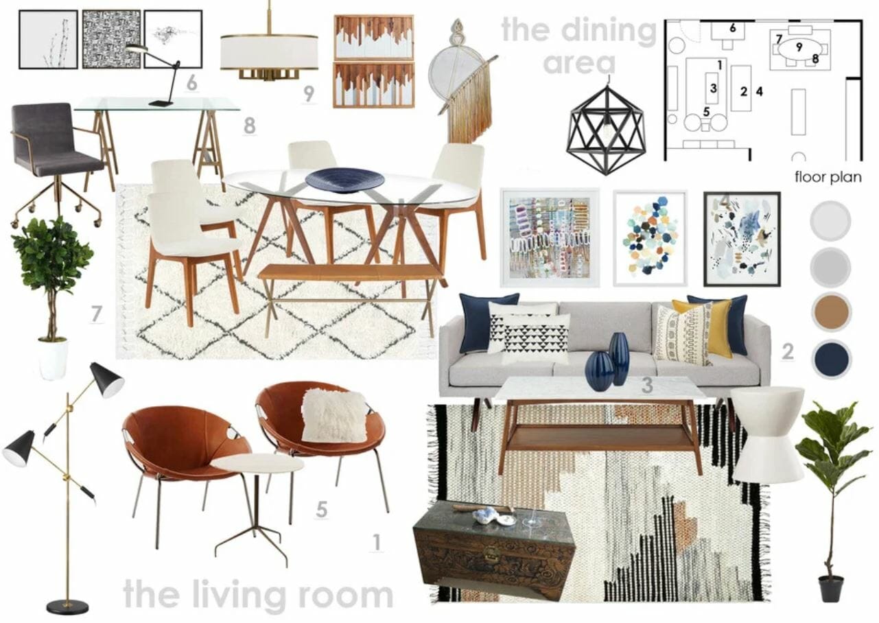 online living room design Scandinavian style mood board