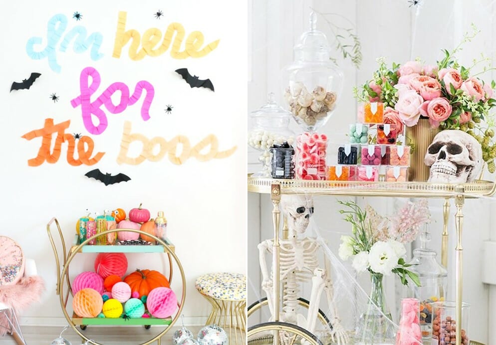 colorful and cheap halloween decorations on a bar cart