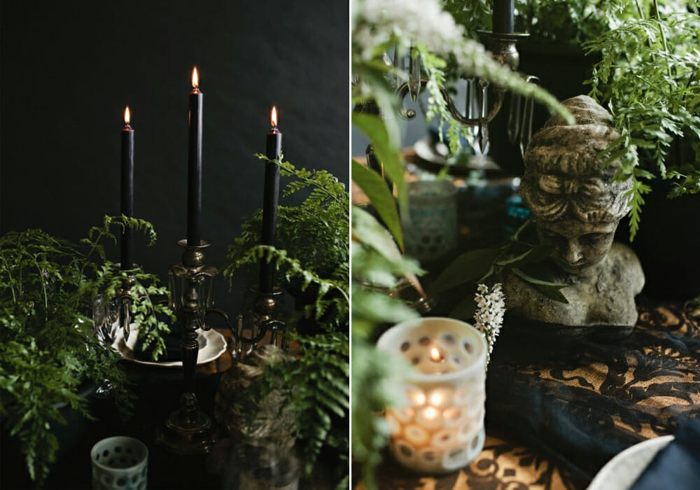 ferns and greenery on a halloween table