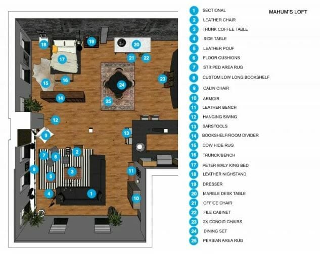 studio apartment layout ideas - decorilla shopping list