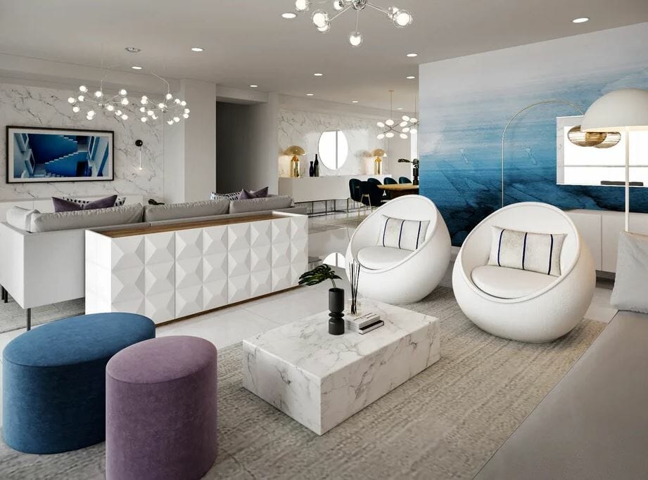 Best contemporary living rooms in white, blue and purple