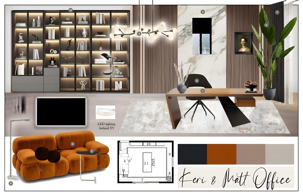 Home office design ideas innitial moodboard by Decorilla designer, Casey H.