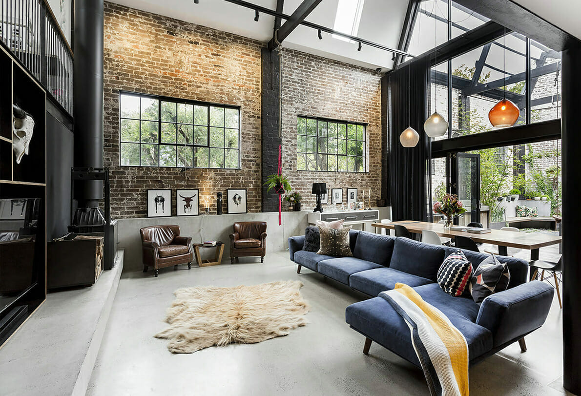 Open loft with rustic industrial interior design