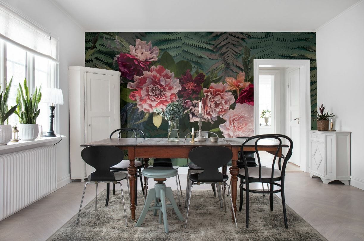 floral wallpaper in scandinavian dining room