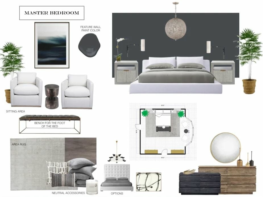 transitional bedroom moodboard design