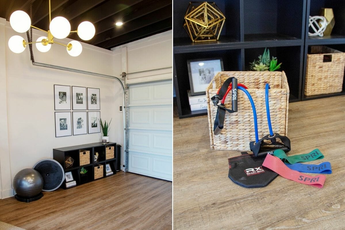Home gym design with clever storage in wicker baskets and cubby holes