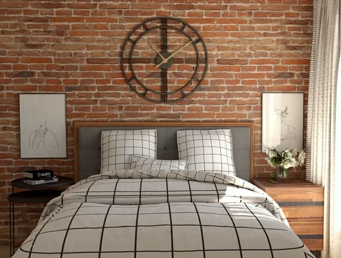 Industrial bedroom with wall art decor in NYC