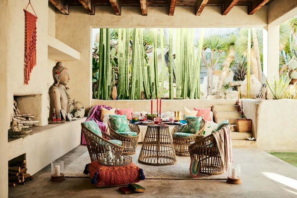 Asian inspired covered-patio designs-with colorful textiles and wicker furniture