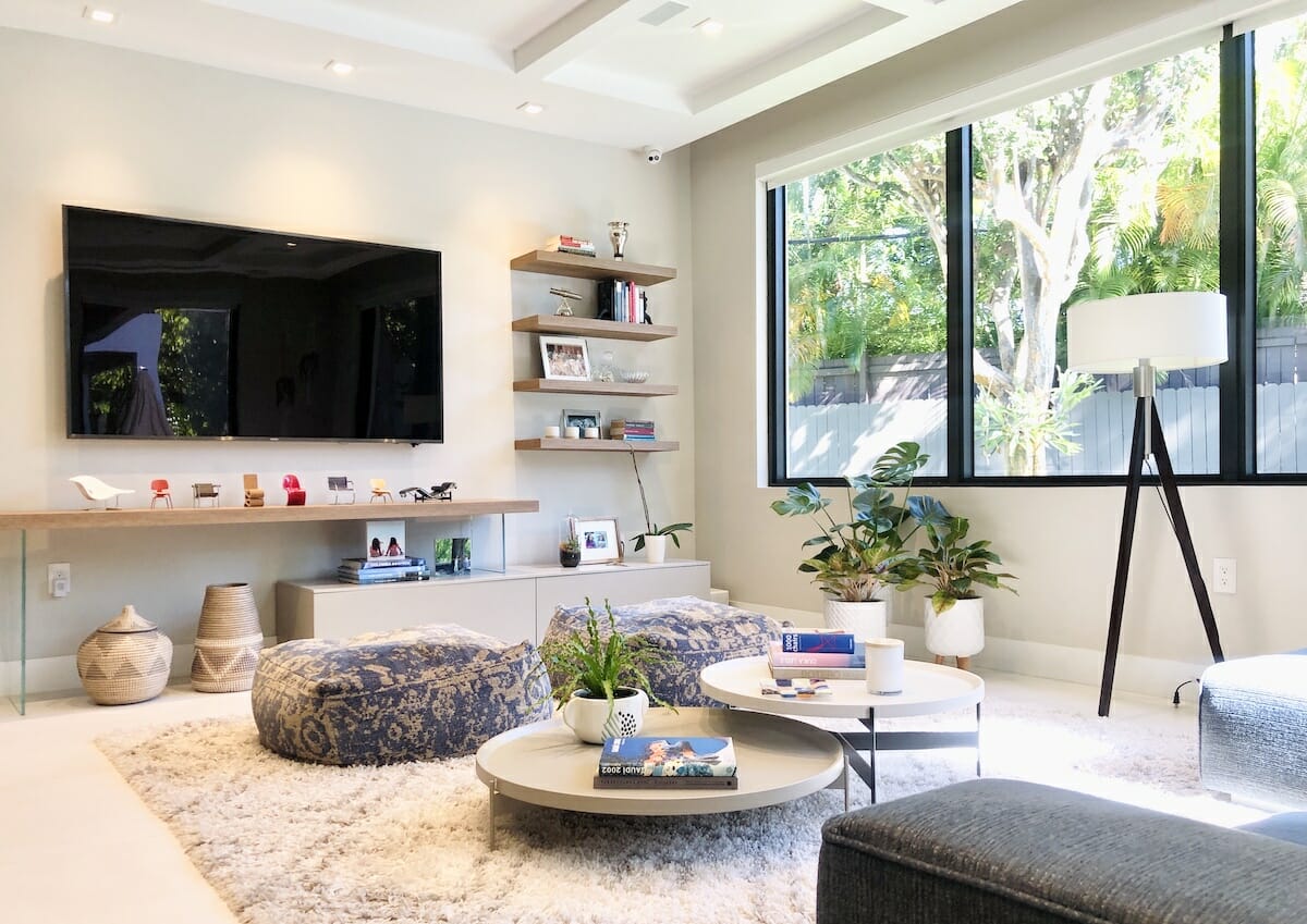 Modern boho living room results from Decorilla online interior design services, designer Marcela O.