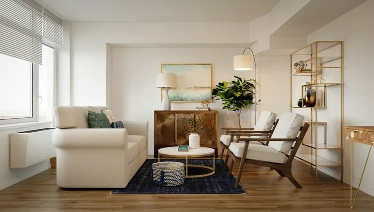Symmetrical furniture layout in a 3D rendering of a glam contemporary lounge