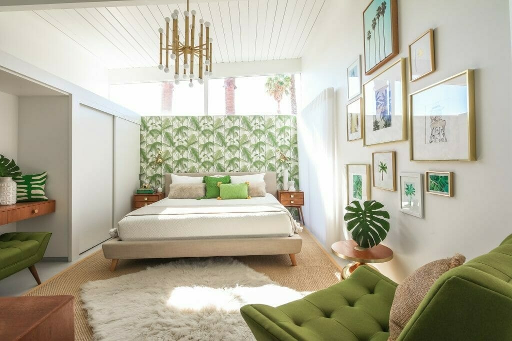 Botanical-inspired bedroom with retro furniture in a mid-century modern interior design