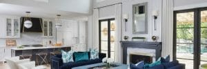 Glamorous blue living room by Gingerwood interior designers in Austin Texas