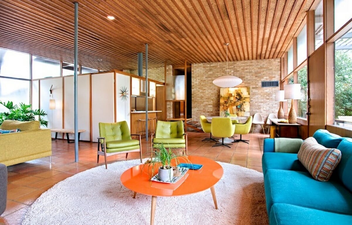 Home with bold colored mid century interior design