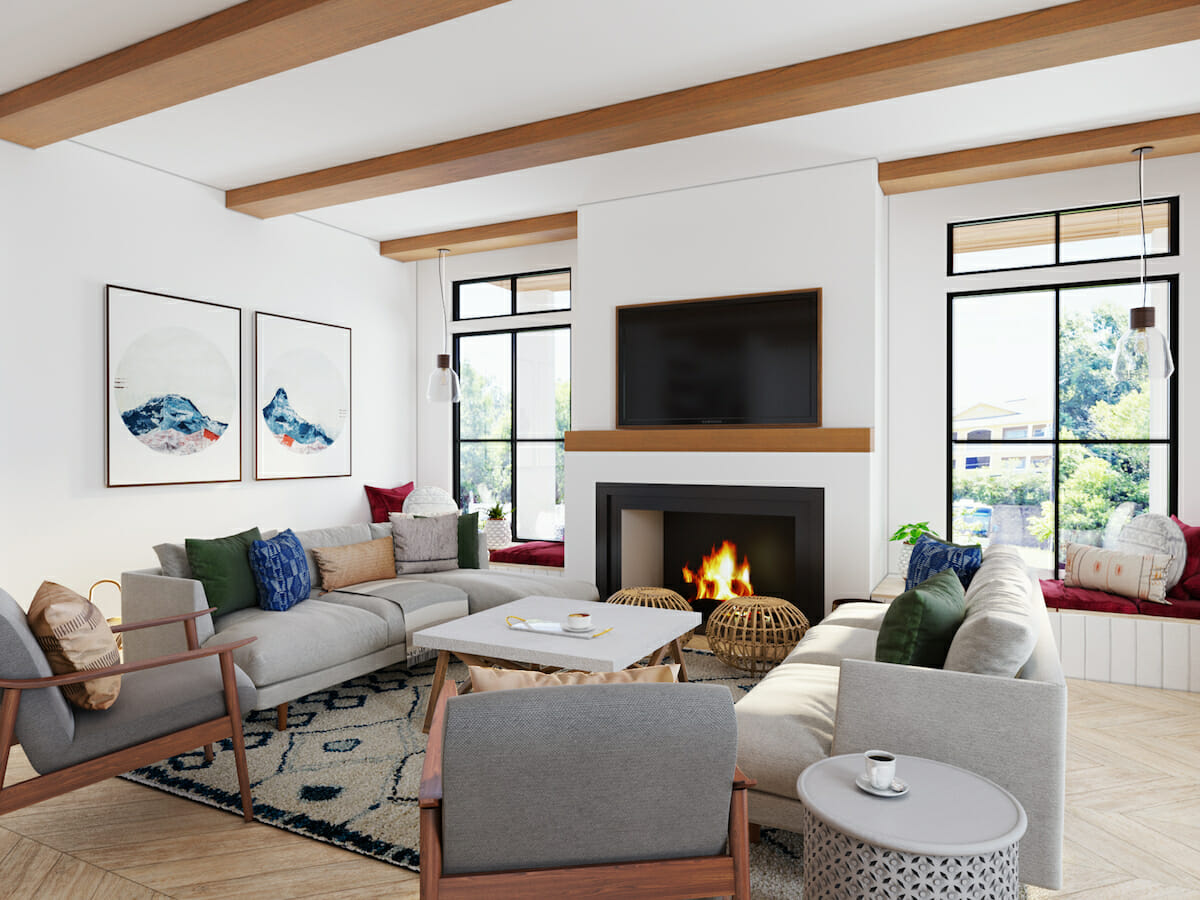 Mid century interior design with fireplace feature