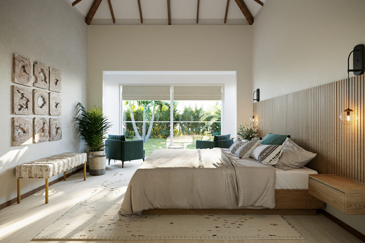 Neutral master bedroom with pops of green by interior stylist and designer Wanda P.